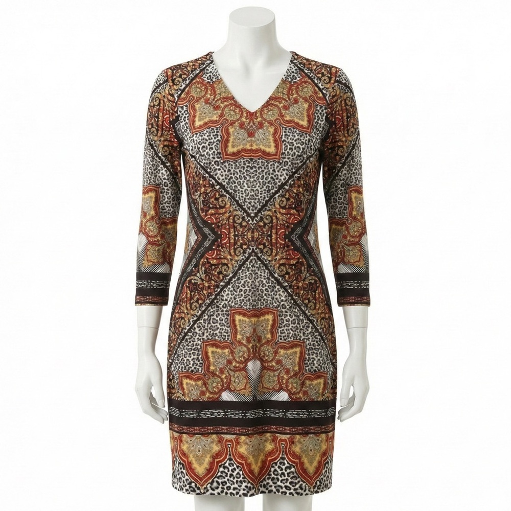 Chico's Dress Size 1 Petite Leopard Paisley Print V-Neck Long Sleeve Shift Knee